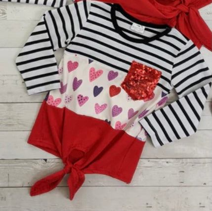 Heart & Stripes Color Block Tie Front Tee