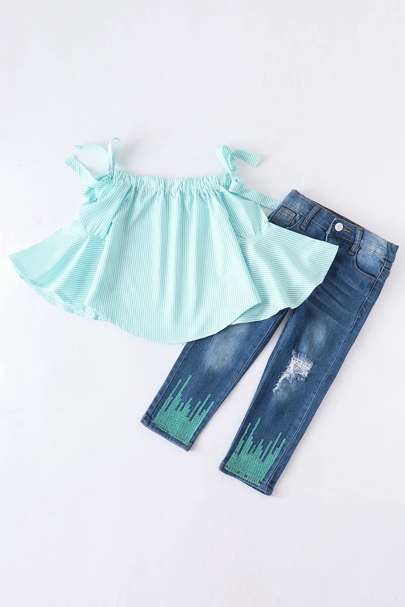 Mint off shoulder tunic & sequin jean set
