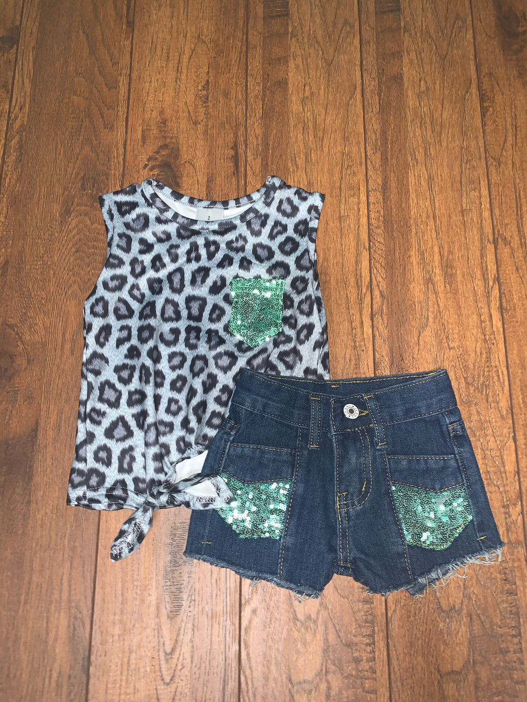 Grey Leopard Tie Front Denim Set