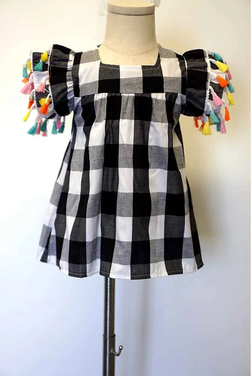 Black gingham Pom Pom top