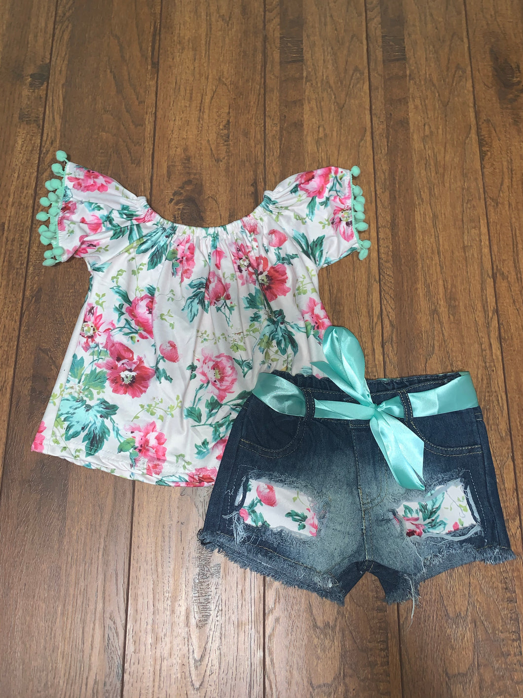 Floral Pom Pom Denim Short Set
