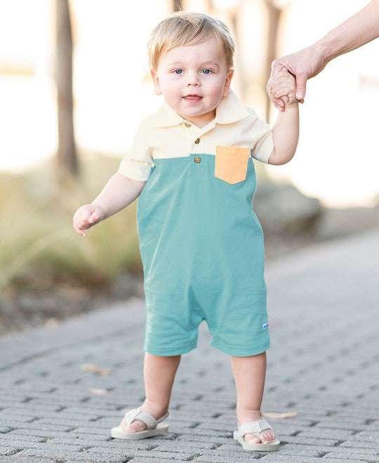 Marine Blue Color Block Polo Romper