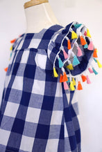 Load image into Gallery viewer, Blue Gingham Pom Pom Sleeve Top
