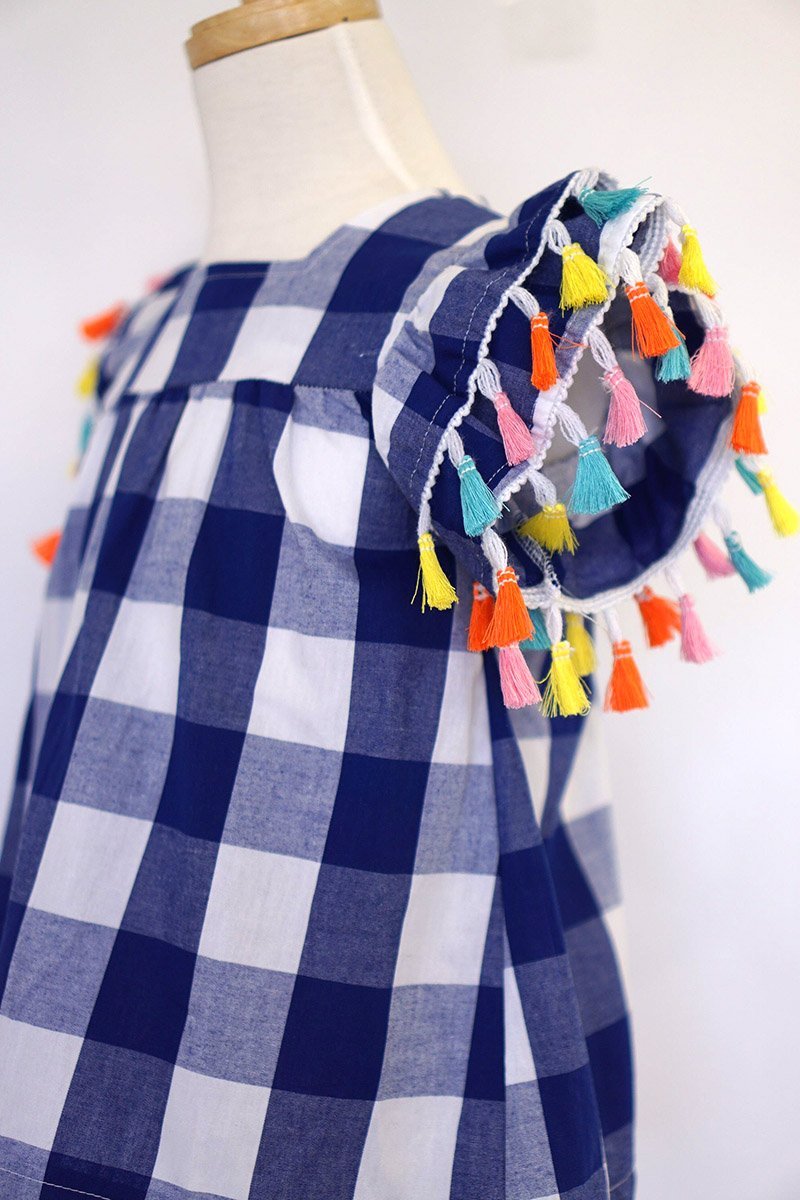 Blue Gingham Pom Pom Sleeve Top