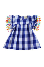Load image into Gallery viewer, Blue Gingham Pom Pom Sleeve Top
